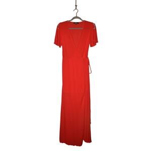 LULUS $74 Much‎ Obliged Red Wrap Maxi Dress Surplice Neck Flutter Sleeves XS